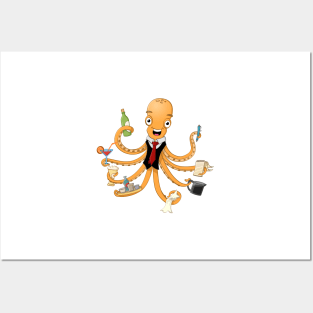 Illustration of a happy waiter octopus Posters and Art